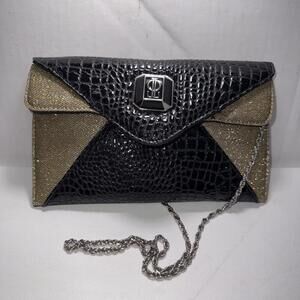 JLO Sml Gold Black Handbag Faux Crocodile Old Money Classy Shoulder Clutch Bag